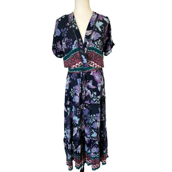 JAASE Maxi Dress Size Large Floral Rayon Drawstring Waist Crochet Detail Boho - Picture 1 of 8